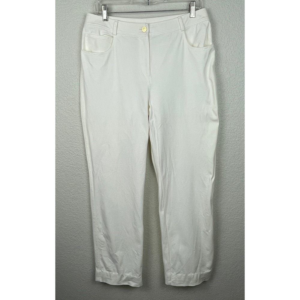 ST. John Pants Women's 10 Ivory Gold Button Straight Leg Old Money Quiet Luxury